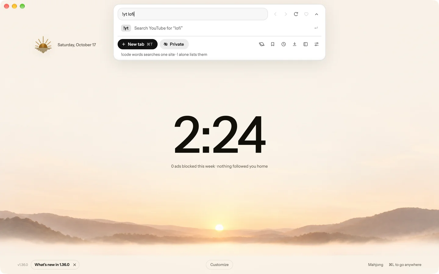Blanc’s ⌘L panel on the Start Page with !yt lofi typed and the bang row Search YouTube for “lofi”.
