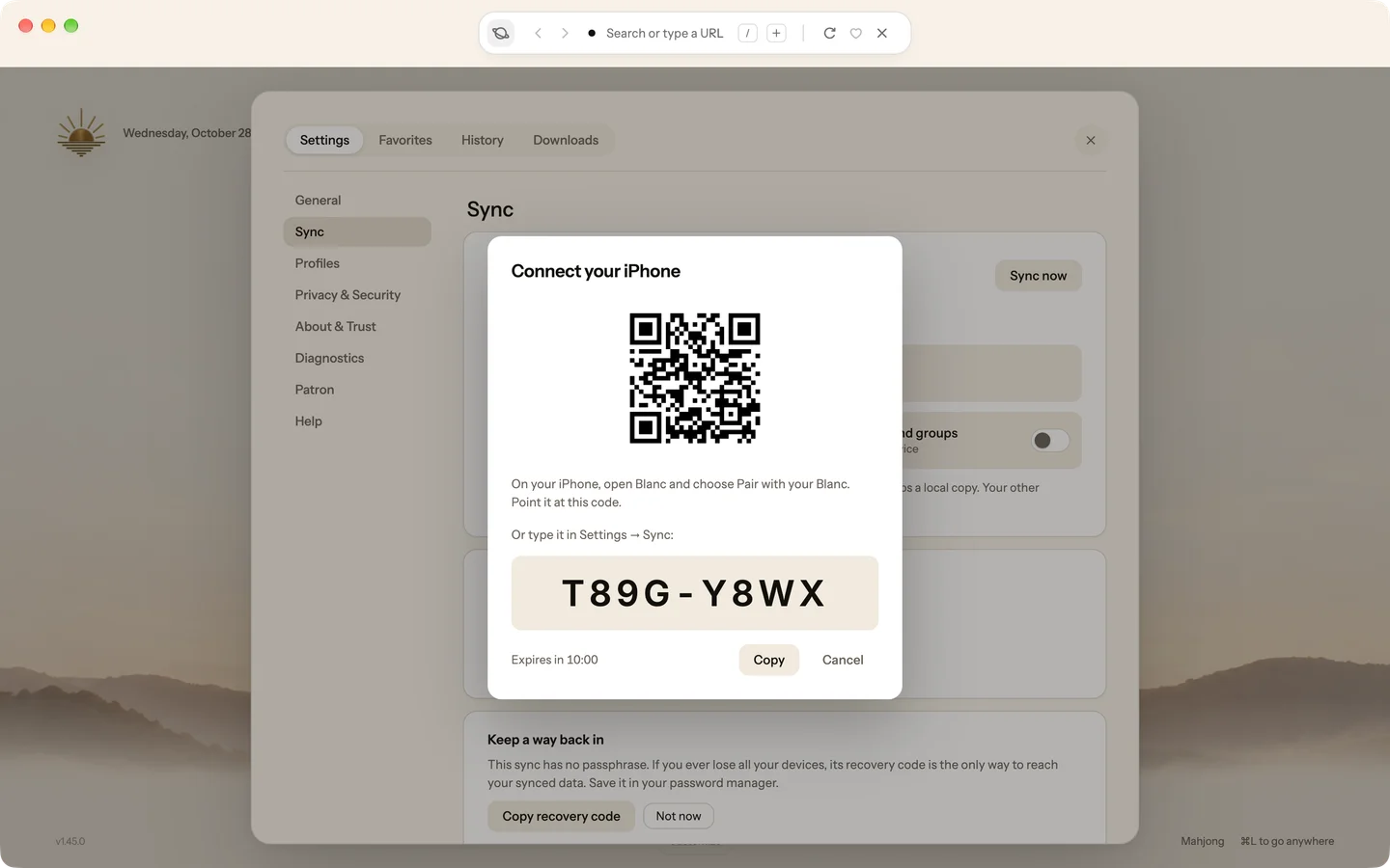 The Connect your iPhone sheet over Blanc’s Sync settings: a QR code, the line “On your iPhone, open Blanc and choose Pair with your Blanc. Point it at this code.”, the same code to type in Settings → Sync, and Expires in 10:00 with Copy and Cancel.