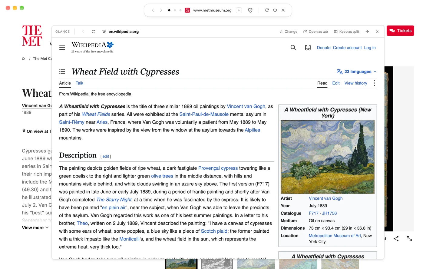 A Glance card floating over The Met’s page for Wheat Field with Cypresses, showing the painting’s Wikipedia article under a header with Change, Open as tab and Keep as split.