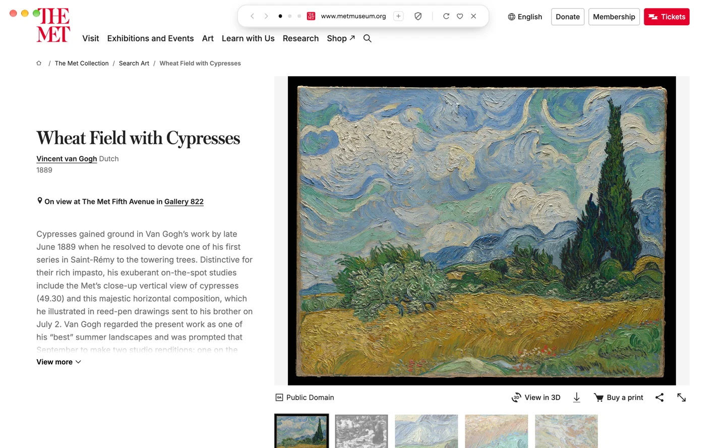 The Island floating over the top of The Met’s page for Wheat Field with Cypresses, which fills the Blanc window to its top edge.