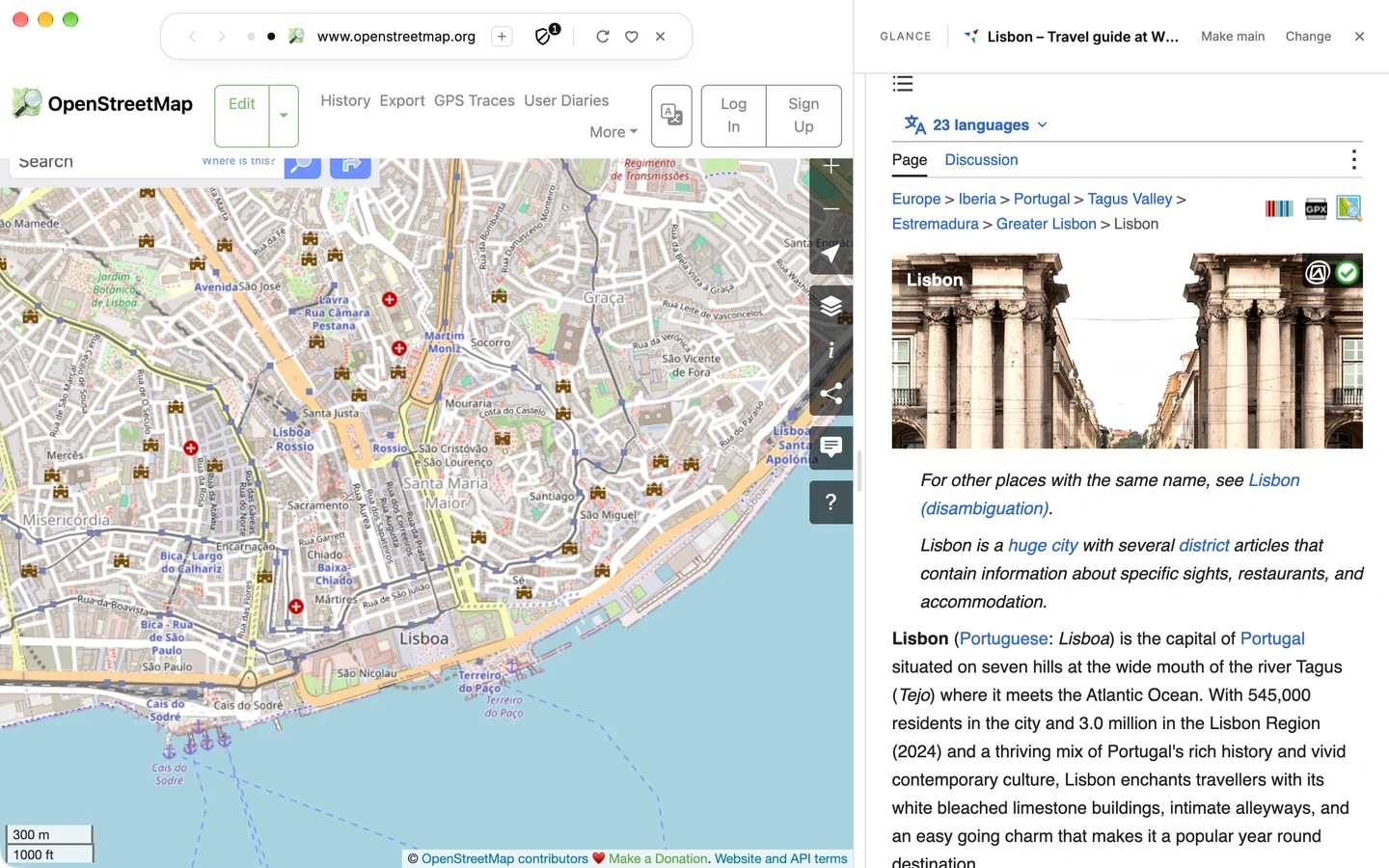 A map of Lisbon as the main page with a Lisbon travel guide beside it in Glance, in the signed Blanc app.