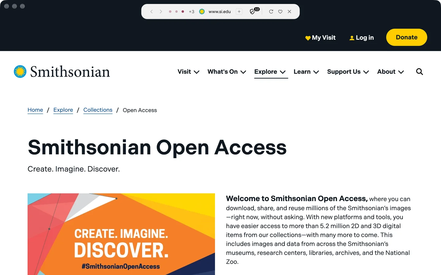 Blanc’s resting Island over the Smithsonian Open Access page, with the address and the tab dots of a rose-colored group.
