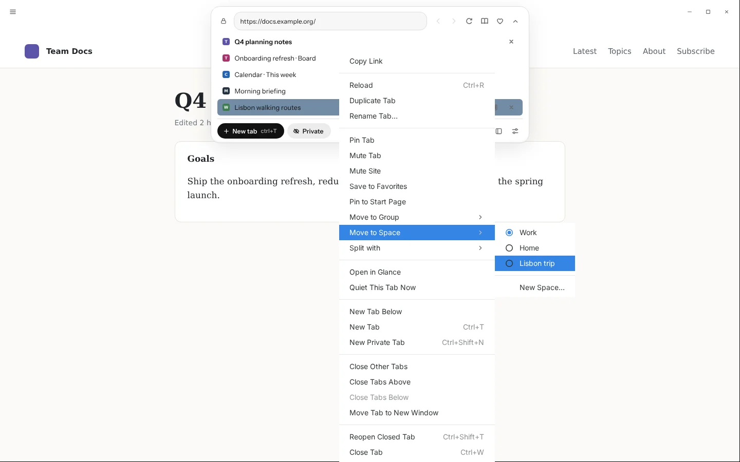 Blanc’s tab panel listing five tabs, with a tab’s menu open on Move to Space. The submenu lists the spaces Work, Home and Lisbon trip, and New Space…