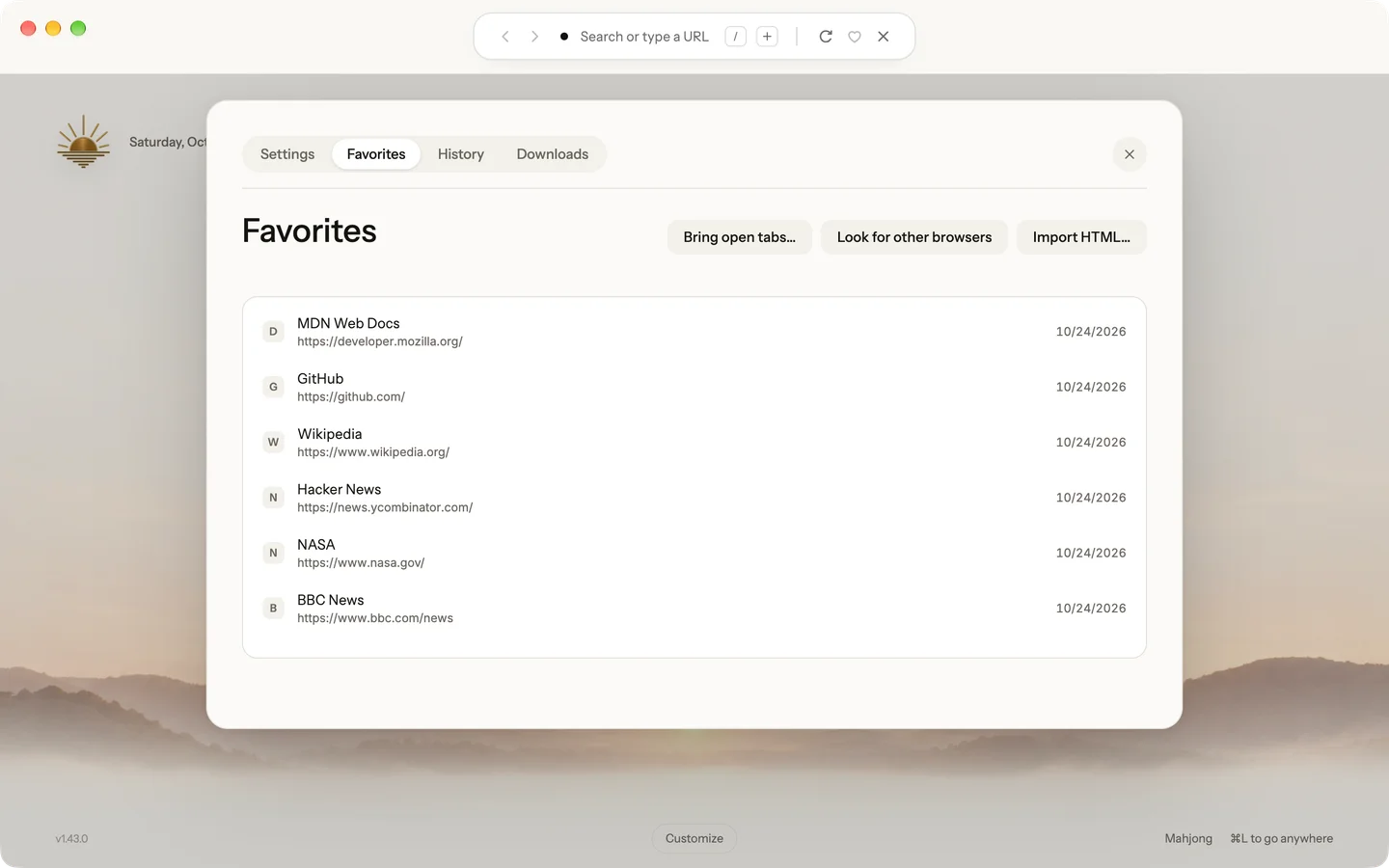 The Favorites sheet in the Neutral surface style over the Start Page: a white card on a light gray sheet listing MDN Web Docs, GitHub, Wikipedia, Hacker News, NASA and BBC News.
