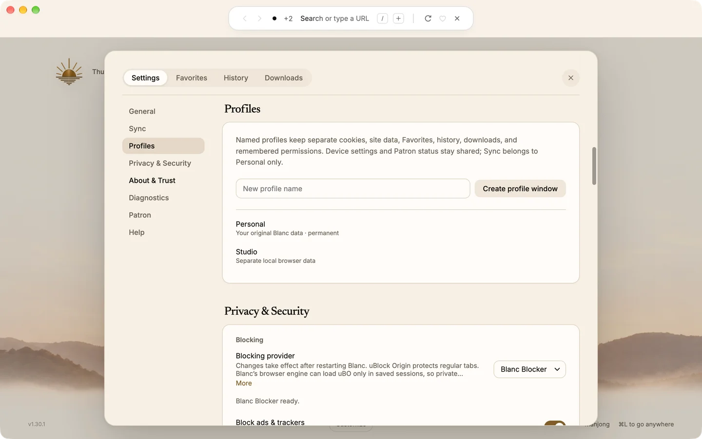 Blanc Settings showing Personal and a separate named local profile.