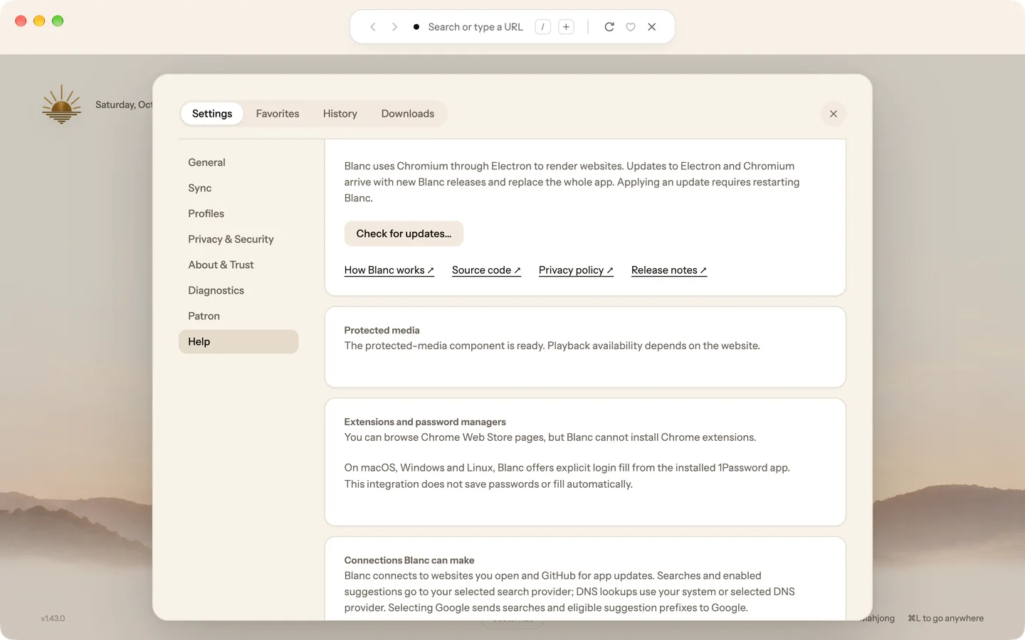 Blanc’s Settings sheet open on Help over the Start Page. A Protected media card reads: The protected-media component is ready. Playback availability depends on the website.