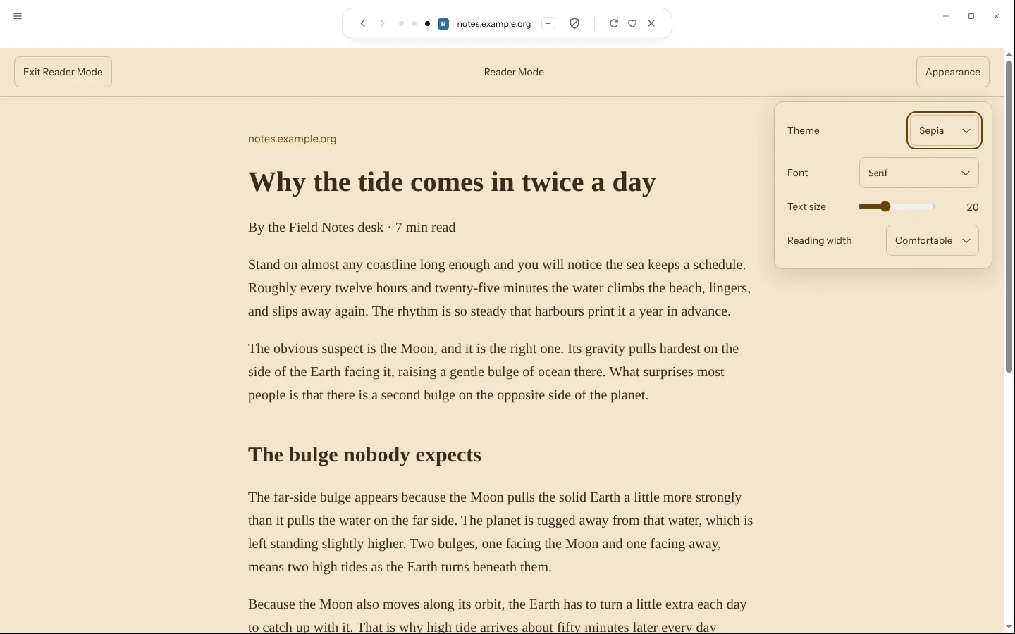 An article titled “Why the tide comes in twice a day” in Blanc’s Reader Mode, in the Sepia theme. The Appearance panel is open with Theme, Font, Text size and Reading width.