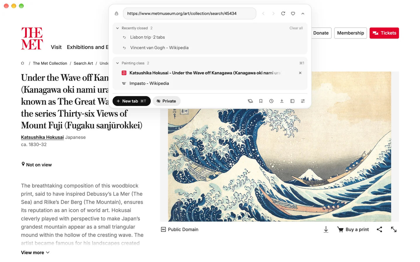 Blanc’s ⌘L panel over The Met’s page for Hokusai’s Under the Wave off Kanagawa, with Recently closed unfolded above a Painting class group.