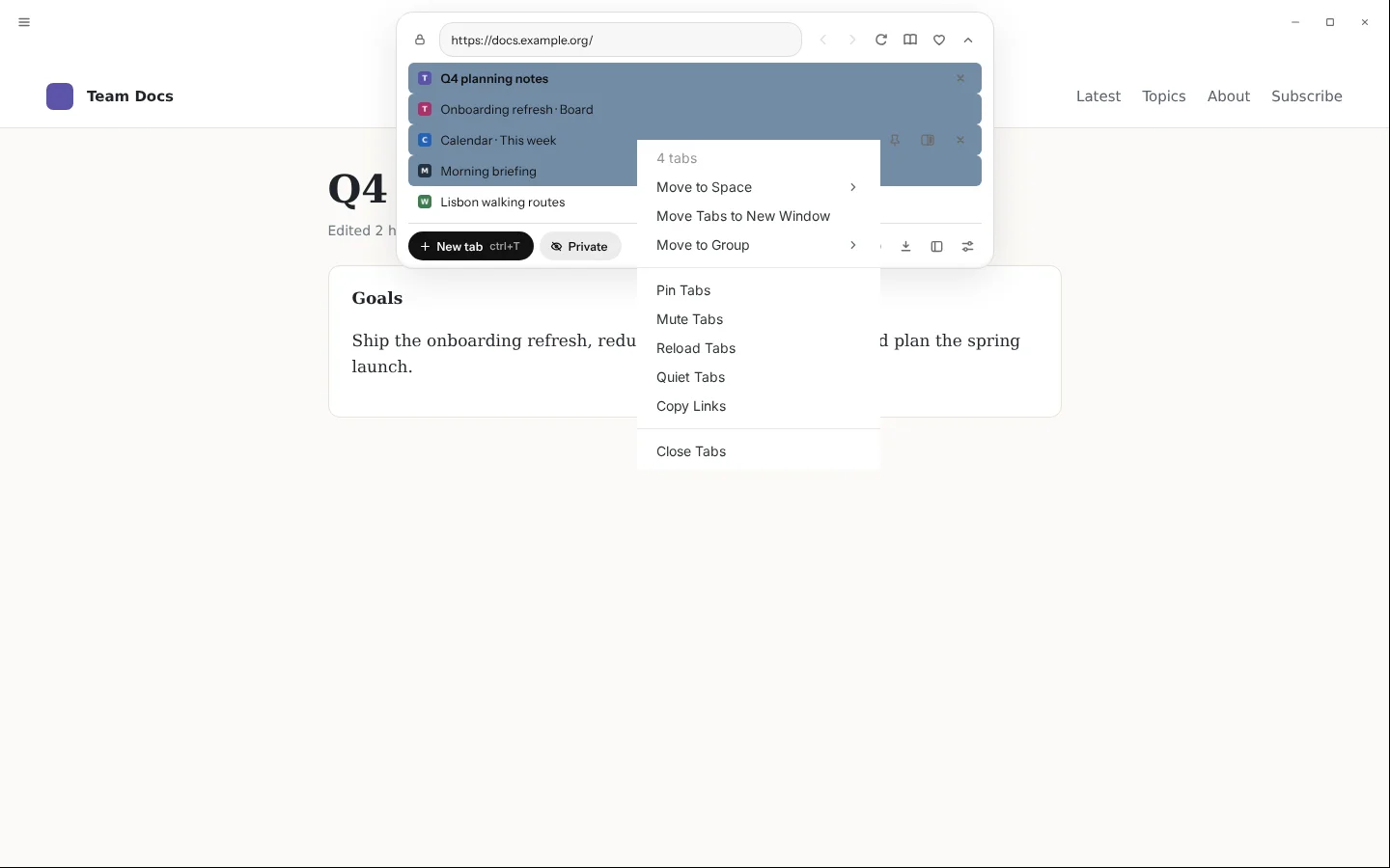 Four tabs selected in Blanc’s tab panel, with the menu for the selection open: 4 tabs, Move to Space, Move Tabs to New Window, Move to Group, Pin, Mute, Reload, Quiet, Copy Links and Close Tabs.