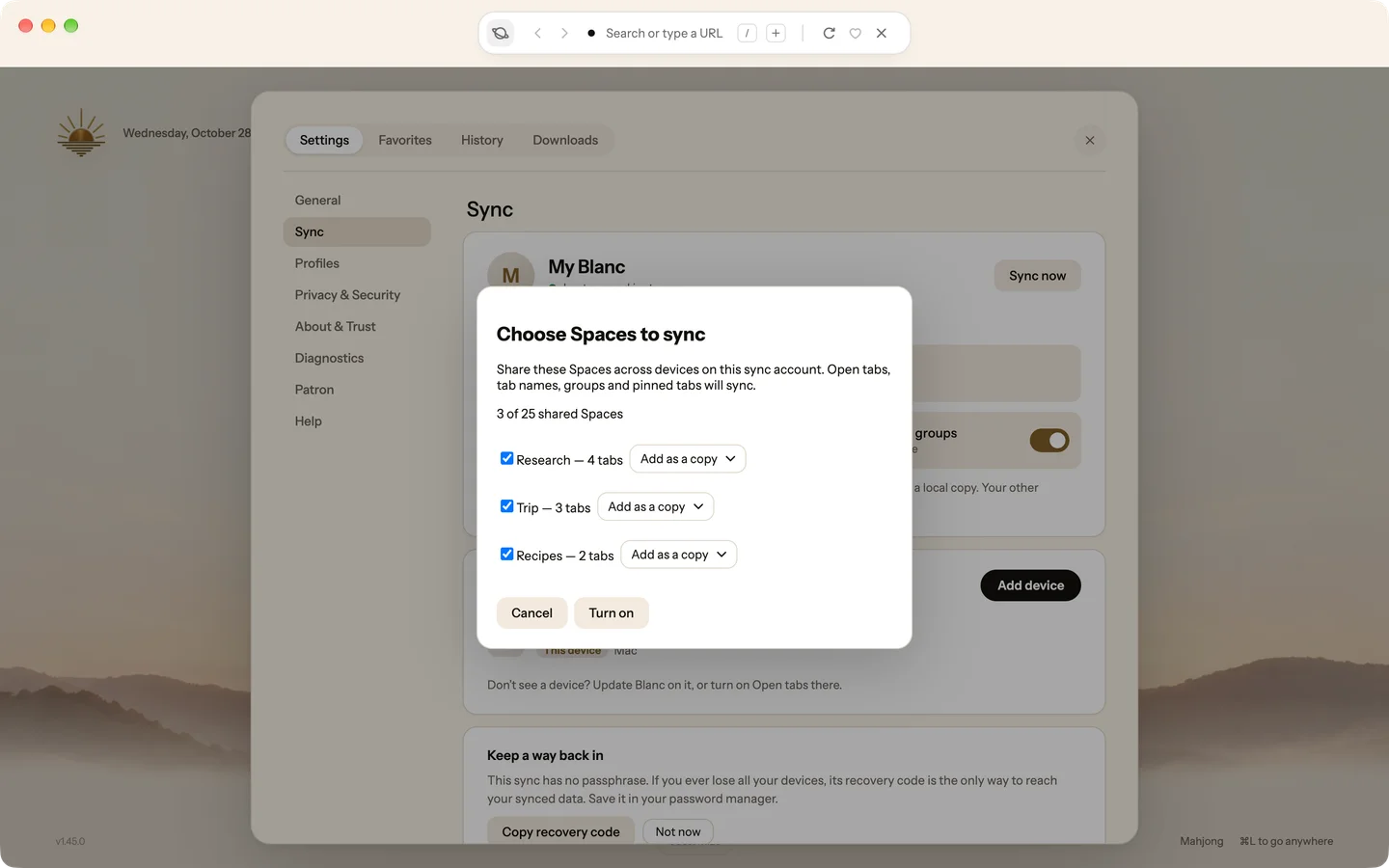 Blanc’s Sync settings with Spaces and groups turned on and the Choose Spaces to sync sheet open: 3 of 25 shared Spaces, with Research (4 tabs), Trip (3 tabs) and Recipes (2 tabs) checked, each to be added as a copy.
