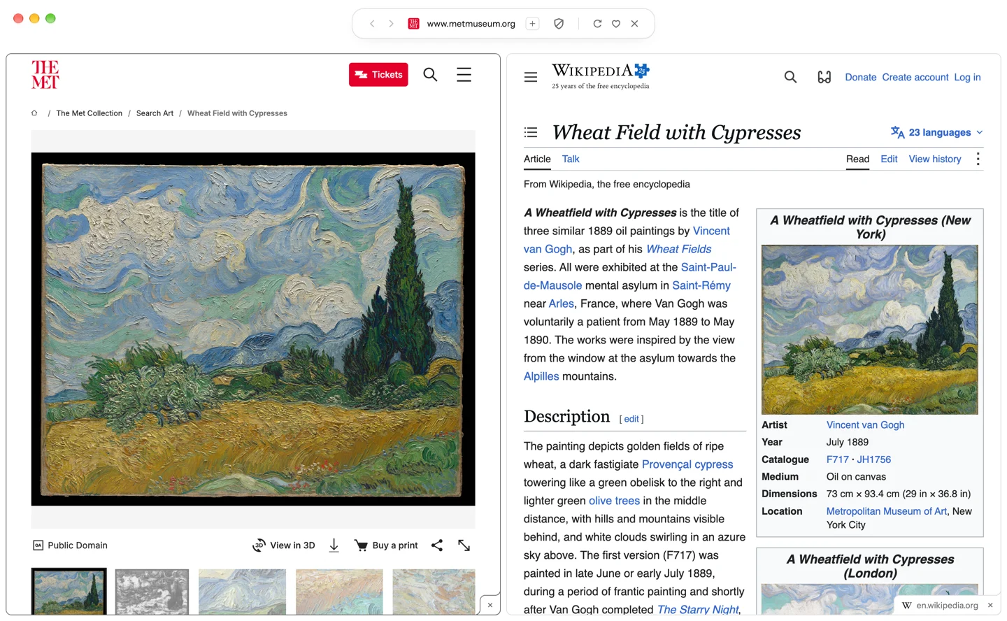 A Blanc window split in two: The Met’s page for Van Gogh’s Wheat Field with Cypresses on the left and the painting’s Wikipedia article on the right, each in its own rounded pane.