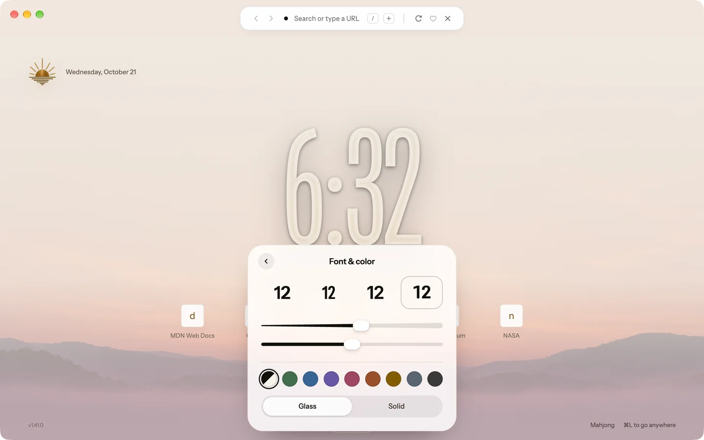 The Billboard Start Page with a tall glass clock reading 6:31 over a misty sunrise wallpaper, and the Font & color sheet open below it: four font samples, Weight and Height sliders, nine color swatches and a Glass or Solid switch.