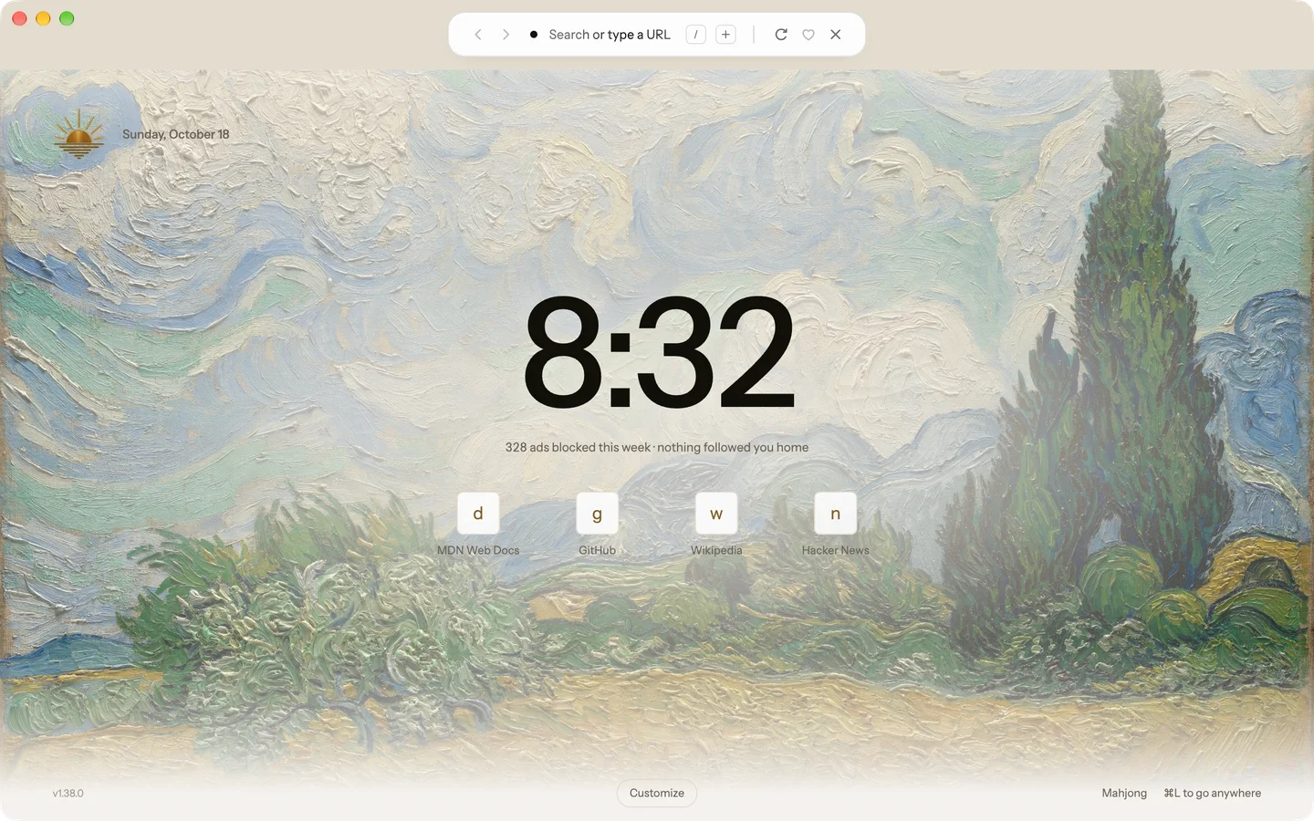 Blanc’s Billboard Start Page over Van Gogh’s Wheat Field with Cypresses, with the Spotlight wash behind the clock and favorites.