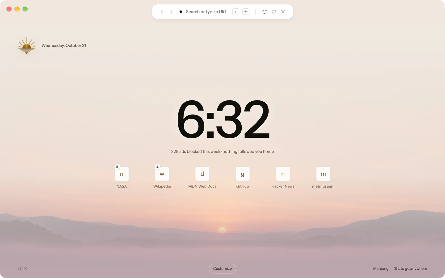 The Billboard Start Page with six site tiles under the clock; NASA and Wikipedia lead the row, each marked with a small pin.