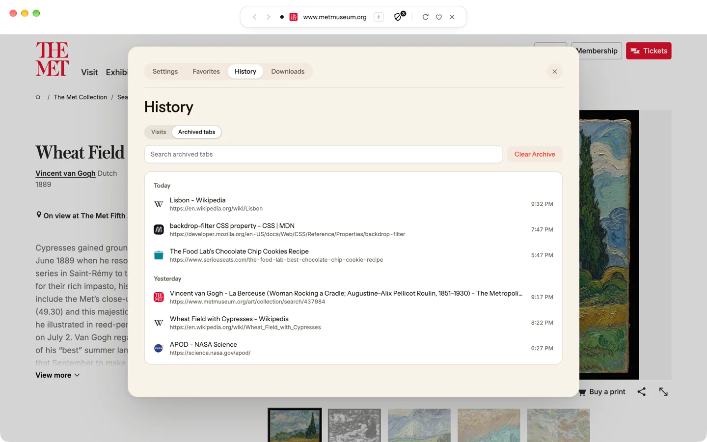 Blanc’s History sheet on the Archived tabs view, listing six archived tabs under Today and Yesterday, each with its site icon and the time it was archived.