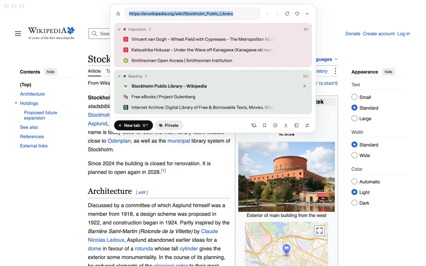 Blanc’s ⌘L panel over a Wikipedia article, with an Inspiration group tinted rose and a Reading group tinted green.