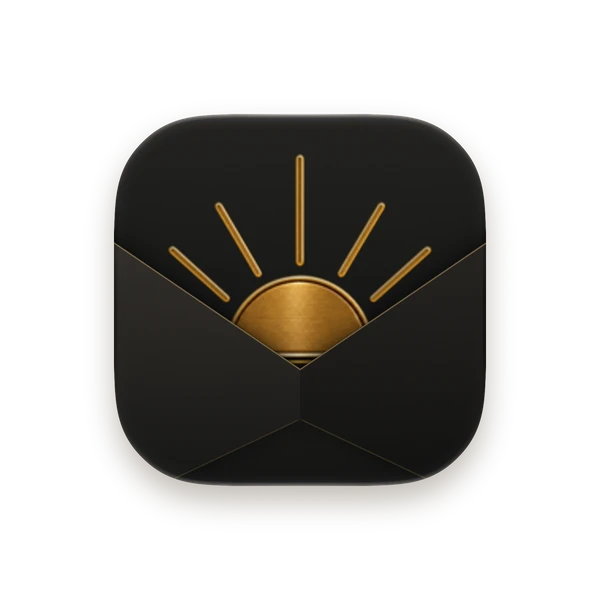 The Blanc Mail app icon in its dark appearance: a near-black envelope with the gold Sunrise peeking out.
