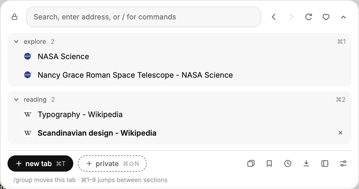 Blanc v1.27.0 on macOS: the Island shows an explore group with two NASA pages and a reading group with Typography and Scandinavian design. Each group has a fold control, tab count and keyboard shortcut.